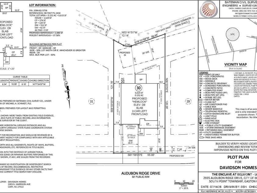 2935 audubon Ridge, Belmont, NC 28012.  MLS# CAR4397769, YatesRealty ID 32872. Plot Plan 2 story Hemlock site #30