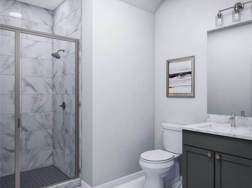7019 Short Stirrup Lane, Mint Hill, NC 28227.  MLS# CAR4291691, YatesRealty ID 33094. Illustration highlights clean design with quartz vanity and chrome fixtures.
