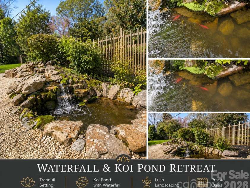 265 Anthony Circle, Charlotte, NC 28211.  MLS# CAR4355827, YatesRealty ID 33319. Landscaped Koi Pond with Natural Stone Waterfall
