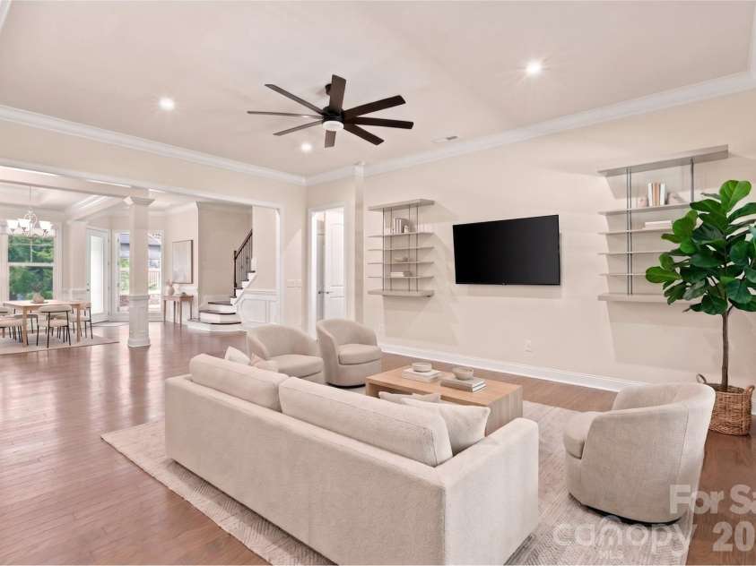 5701 Regal Way, Indian Land, SC 29707.  MLS# CAR4382841, YatesRealty ID 33330. Virtually staged living room, showing open concept.