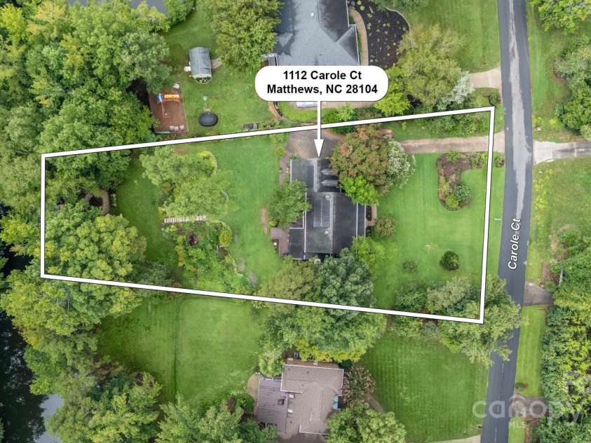 1112 Carole Court, Matthews, NC 28104.  MLS# CAR4274714, YatesRealty ID 33522. Aerial view of lot