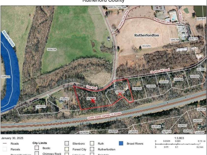 1597 Cleghorn Mill Road, Rutherfordton, NC 28139.  MLS# CAR4213254, YatesRealty ID 3463. Two parcels sold together 6+Acres.  10 minutes to Tryon International Equestrian Center. Across the street from Cleghorn Golf and Sport Club and Paddle Launch area for Broad River.