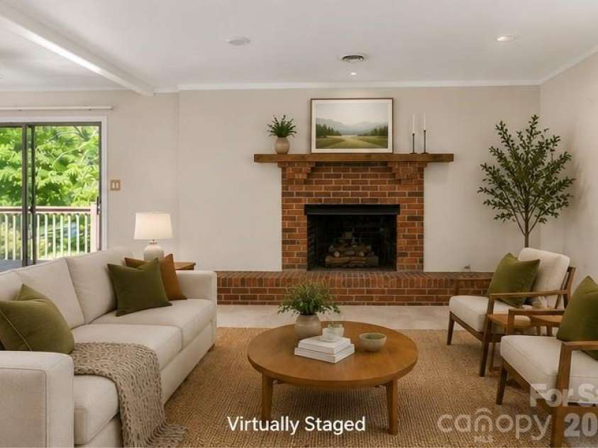 100 Kilpatrick Street, Brevard, NC 28712.  MLS# CAR4382761, YatesRealty ID 35369. Virtually Stage Living room and fireplace