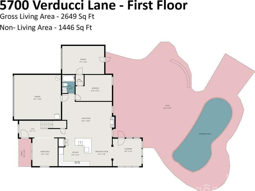 5700 Verducci Lane, Waxhaw, NC 28173.  MLS# CAR4392048, YatesRealty ID 35497. First floor measurements sketch.  Note the third bay garage can be accessed through the bedroom closet if a man cave is still desired.