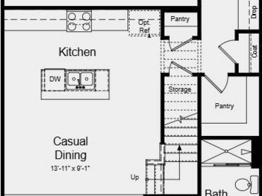 3181 Beacon Heights Road, Indian Land, SC 29707.  MLS# CAR4401949, YatesRealty ID 35615. First Floor Plan - Additional Highlights Include: slide-in gas range, upgraded cabinet hardware and roll out trash can cabinet in the kitchen