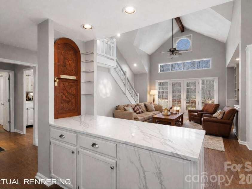 451 Crescent Trail, Highlands, NC 28741.  MLS# CAR4342214, YatesRealty ID 3567. View of Great Room from Kitchen Virtually Staged