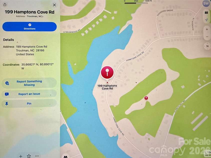 199 Hamptons Cove Road, Troutman, NC 28166.  MLS# CAR4398943, YatesRealty ID 35974. Google Maps showing lakefront location