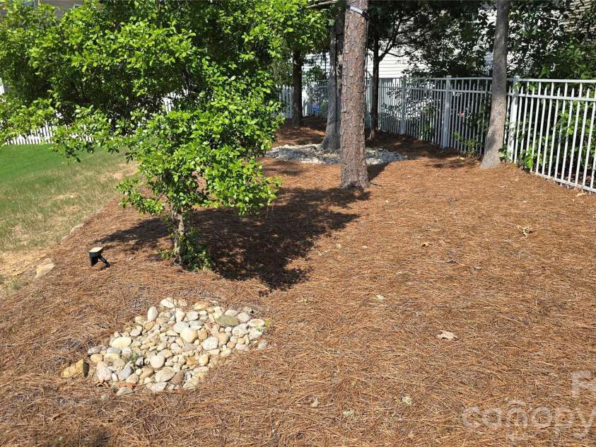1005 Wainscott Drive, Waxhaw, NC 28173.  MLS# CAR4400196, YatesRealty ID 36092. The rear yard buffer area has solar powered accent lighting and requires no mowing and provides some privacy from abutting property!