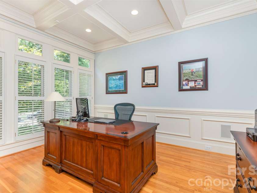 133 Brick Kiln Way, Mooresville, NC 28117.  MLS# CAR4297139, YatesRealty ID 3749. Home office with wall of windows and Coffered Ceiling