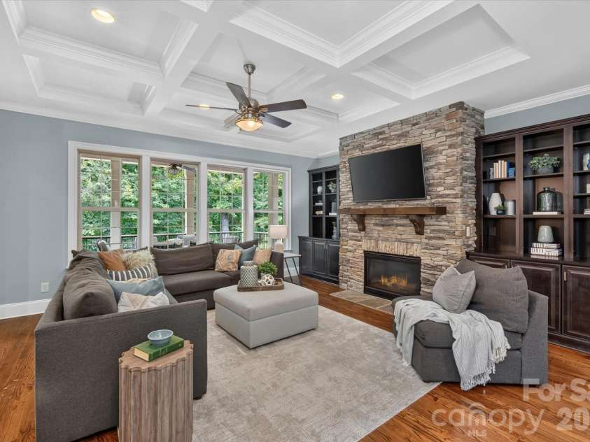 2020 Sherringham Way, Waxhaw, NC 28173.  MLS# CAR4390761, YatesRealty ID 37590. Coffered ceiling in living room