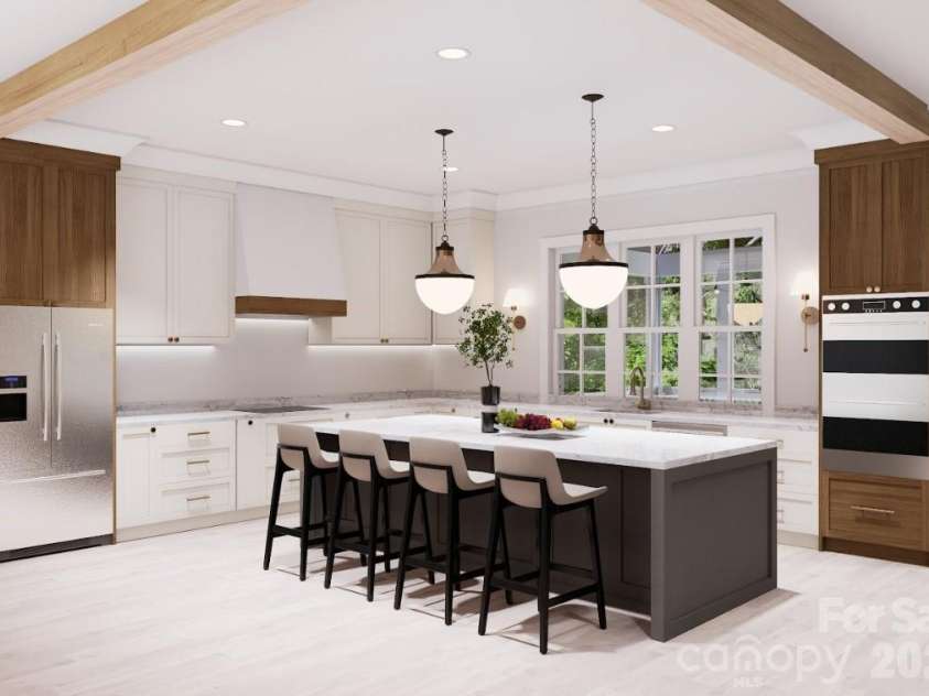 104 Sherwood Drive, Huntersville, NC 28078.  MLS# CAR4400327, YatesRealty ID 38379. Please note: The builder has revised the kitchen layout. The refrigerator will be located in the space shown for the ovens in the rendering, and the double ovens will be relocated to the space shown for the refrigera