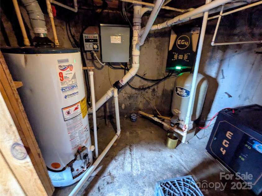 10120 Meadow Fork Road, Hot Springs, NC 28743.  MLS# CAR4218136, YatesRealty ID 3864. Utilities in the cellar - hot water heater, solar inverter, pressure tank, electrical panel and solar batteries