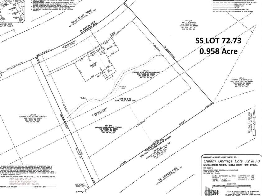 LOT 72.73 Sally Clark Drive, Denver, NC 28037.  MLS# CAR4212896, YatesRealty ID 3876. Preliminary Plat Plan