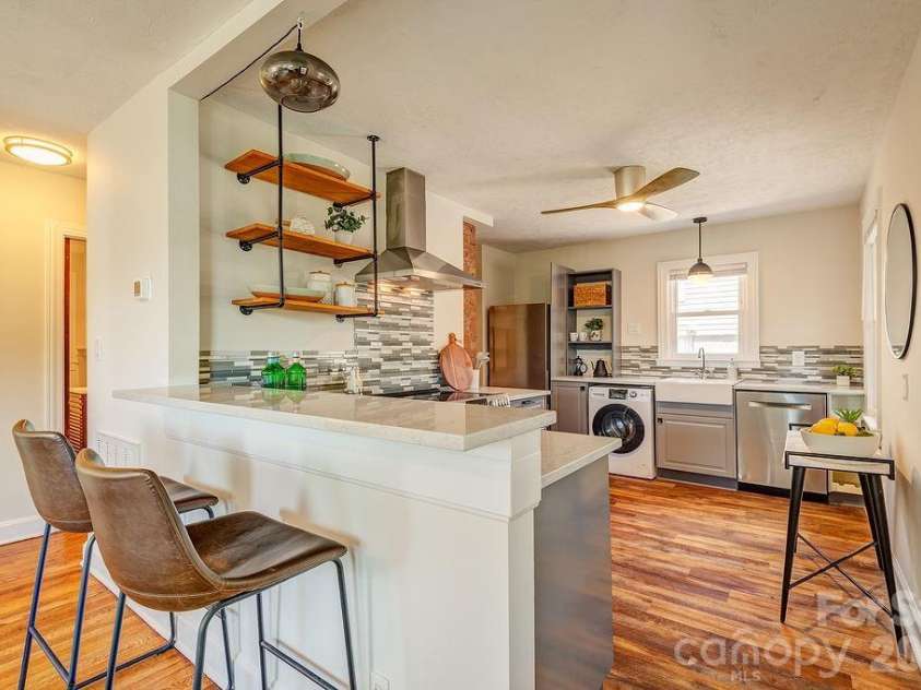 78 Morris Street, Asheville, NC 28806.  MLS# CAR4402363, YatesRealty ID 40549. Breakfast Bar & open shelving with quartz counters