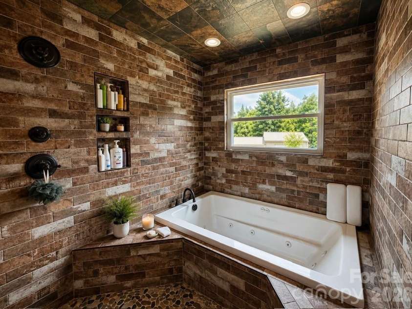 80 Hidden Bluff Lane, Horse Shoe, NC 28742.  MLS# CAR4409946, YatesRealty ID 41012. Custom Tiled Bathroom. Soaking Jacuzzi tub.