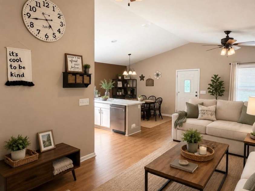 80 Hidden Bluff Lane, Horse Shoe, NC 28742.  MLS# CAR4409946, YatesRealty ID 41012. Living Room on 2nd Floor. Open Floor plan. (virtually staged)