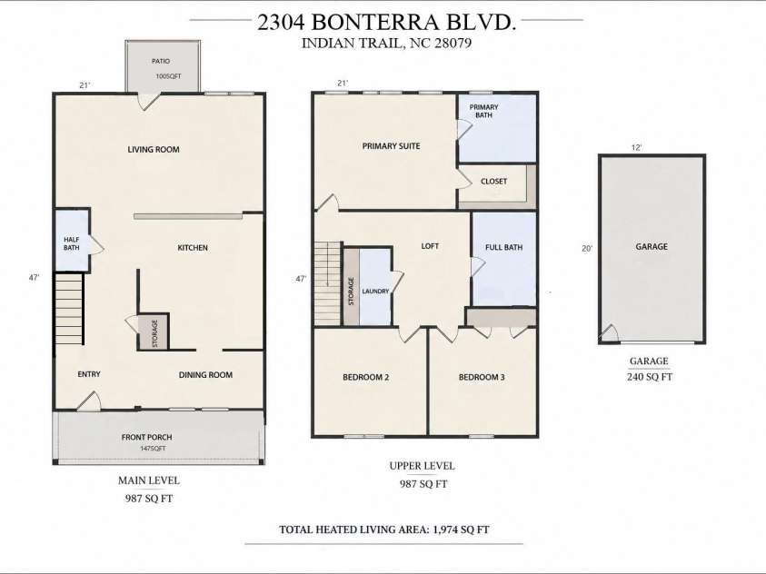 2304 Bonterra Boulevard, Indian Trail, NC 28079.  MLS# CAR4406663, YatesRealty ID 42062. Floor Plan