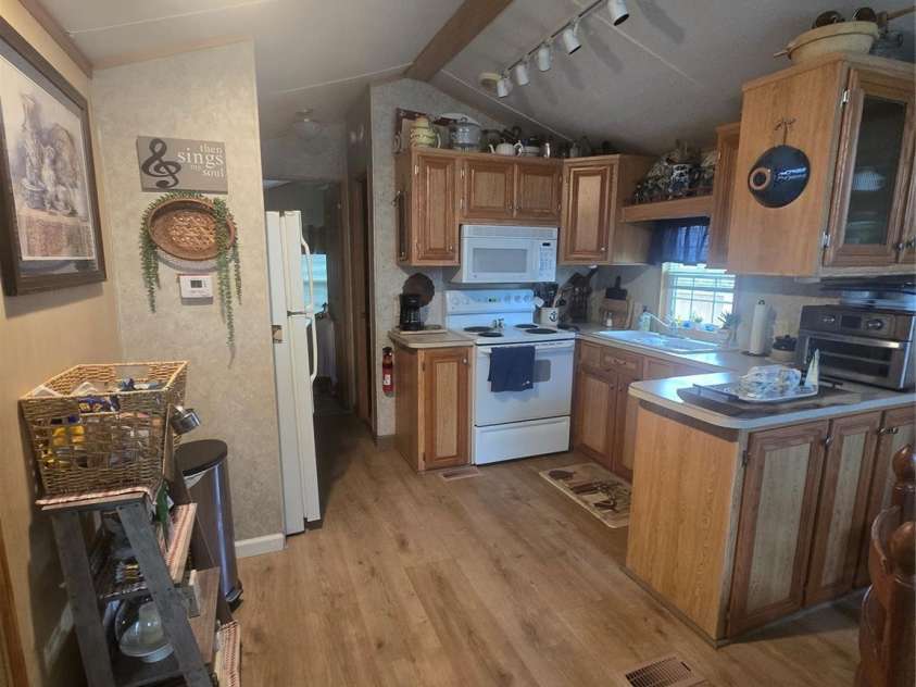 110 Twin Bluff Trail, Mount Gilead, NC 27306.  MLS# CAR4409542, YatesRealty ID 42258. Kitchen w bar and trac light s above. Refrigerator to left will convey