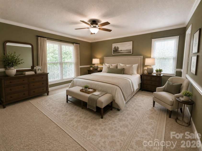 271 Ikerd Drive, Concord, NC 28025.  MLS# CAR4396759, YatesRealty ID 4274. Virtually staged primary bedroom