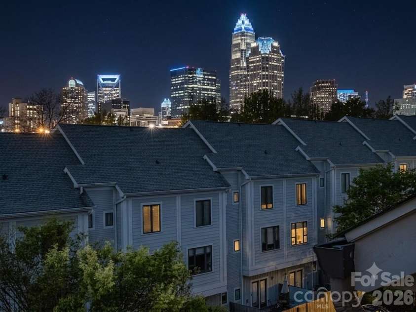 664 Garden District Drive, Charlotte, NC 28202.  MLS# CAR4410067, YatesRealty ID 44018. Nighttime view from rooftop terrace