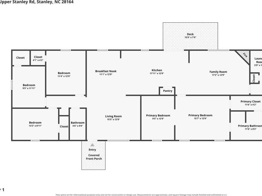 262 Upper Stanley Road, Stanley, NC 28164.  MLS# CAR4413693, YatesRealty ID 44776. Floorplan of this very spacious and open floorplan home. All one level living for convenience.