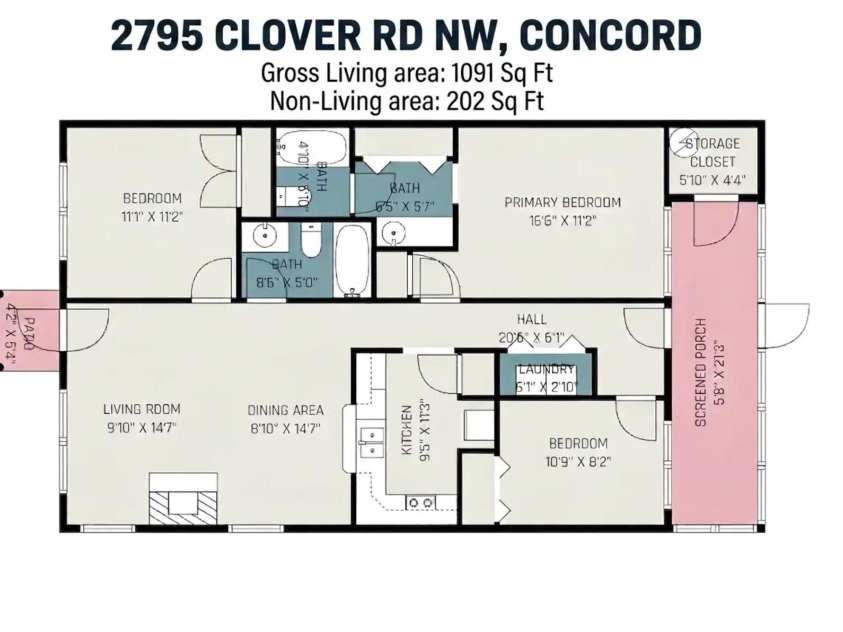 2795 Clover Road, Concord, NC 28027.  MLS# CAR4413117, YatesRealty ID 45061. Floor plan
