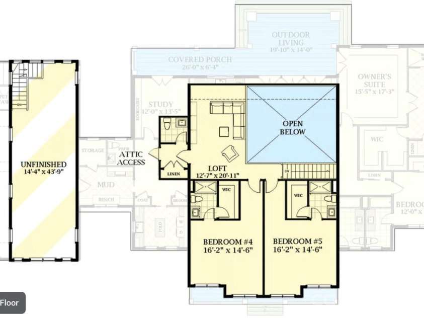 Lot 1 Country Estates Drive, Waxhaw, NC 28173.  MLS# CAR4276299, YatesRealty ID 4508. Second Story Floor Plan of Proposed Modern Farmhouse - $1,250 SF with Additional 630 SF Unfinished Space