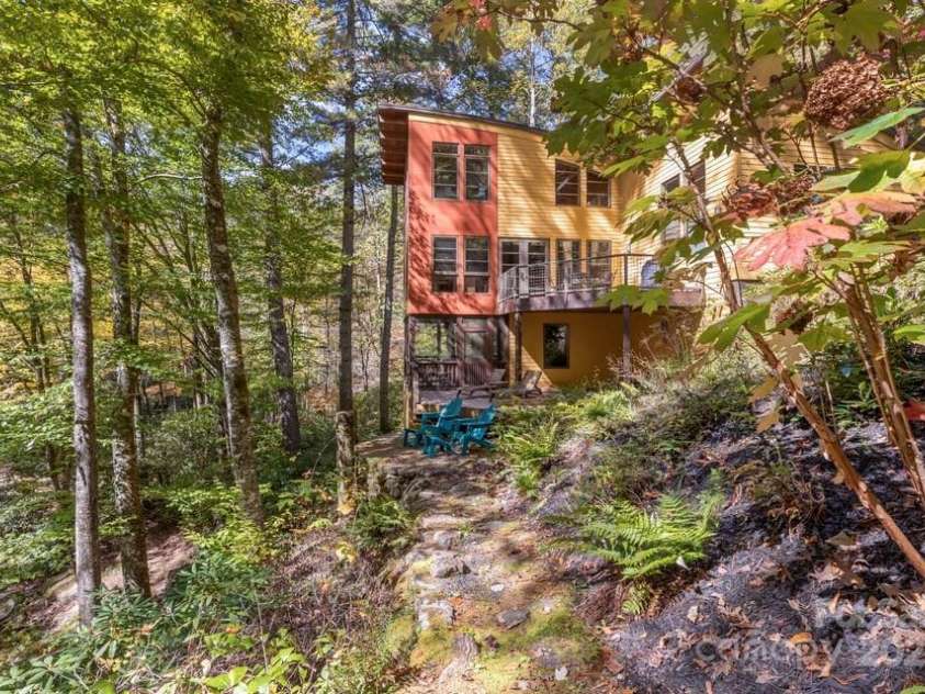 187 Big Buck Road, Highlands, NC 28741.  MLS# CAR4317414, YatesRealty ID 45286. Stone Stairs and Path to Patio from Parking Area and Shed