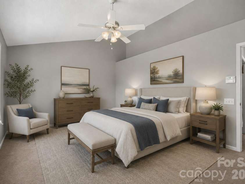 5936 Downfield Wood Drive, Charlotte, NC 28269.  MLS# CAR4413592, YatesRealty ID 45510. Spacious Primary Bedroom with Vaulted Ceiling – Virtually Staged