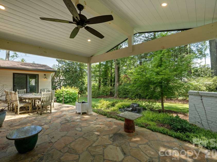 28 Forest Road, Asheville, NC 28803.  MLS# CAR4361641, YatesRealty ID 45647. Covered patio overlooking water feature