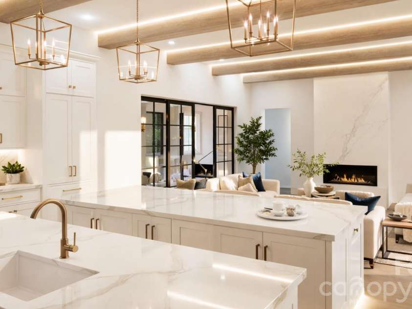 1168 Fern Hill Road, Mooresville, NC 28117.  MLS# CAR4351598, YatesRealty ID 4651. Rendering of kitchen and living room with doors to pool area