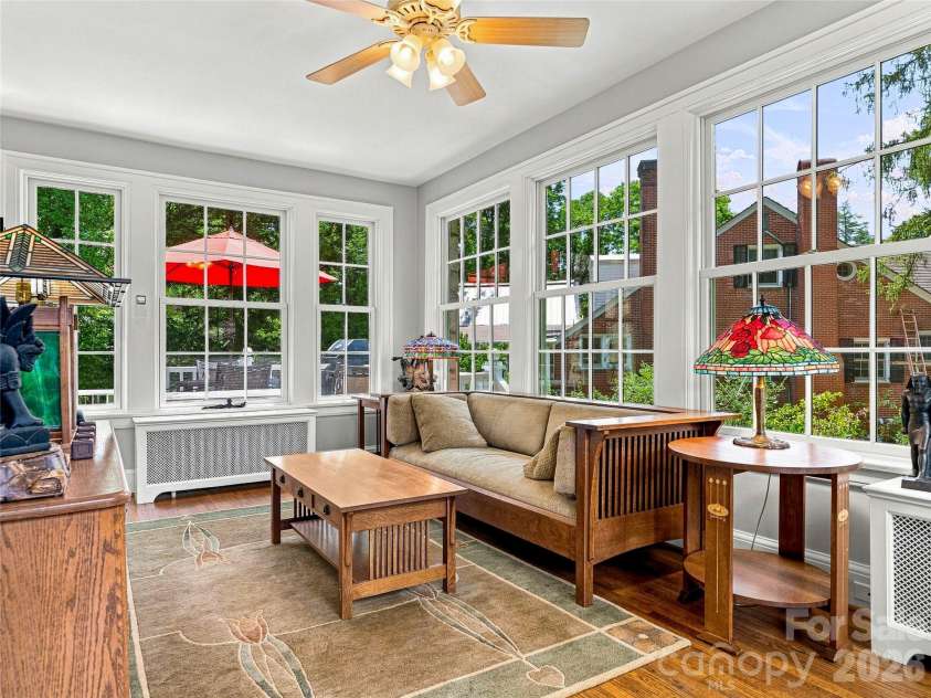 14 Griffing Boulevard, Asheville, NC 28804.  MLS# CAR4413603, YatesRealty ID 46721. Bright sunroom surrounded by windows and garden views