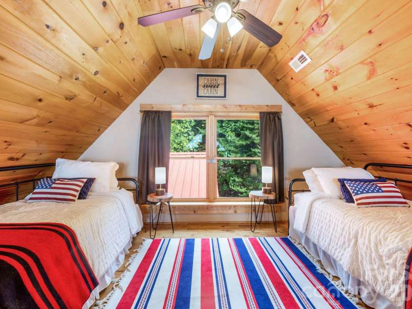 175 Big Rock Road, Bostic, NC 28018.  MLS# CAR4416989, YatesRealty ID 46907. Charming upstairs loft offers additional sleeping space with twin beds, vaulted wood ceilings and a cozy cabin atmosphere