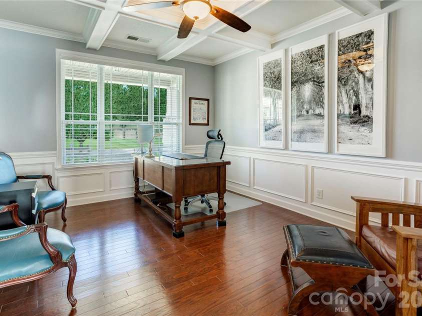 255 Perennial Drive, Concord, NC 28027.  MLS# CAR4417851, YatesRealty ID 47934. Office with gorgeous coffered ceiling and wainscoting.