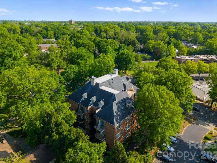 974 Queens Road, Charlotte, NC 28207.  MLS# CAR4413389, YatesRealty ID 50053. Private Residential Setting — This elevated aerial perspective showcases the classic brick building tucked among mature trees in this peaceful, established Charlotte neighborhood.