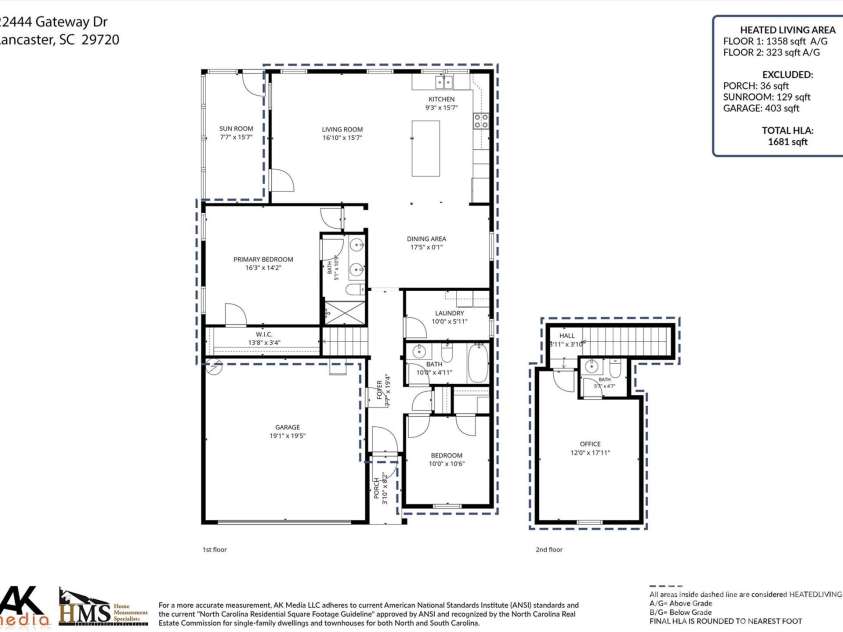 22444 Gateway Drive, Lancaster, SC 29720.  MLS# CAR4420813, YatesRealty ID 50525. Floor Plan with measured square footage