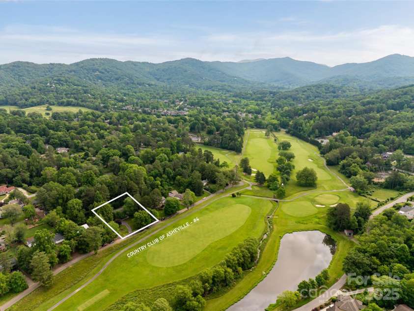 54 Fairway Road, Asheville, NC 28804.  MLS# CAR4238244, YatesRealty ID 5146. Aerial View - White Outline is Approximate Lot Lines. Showing holes #4 - #7 at The Country Club of Asheville
