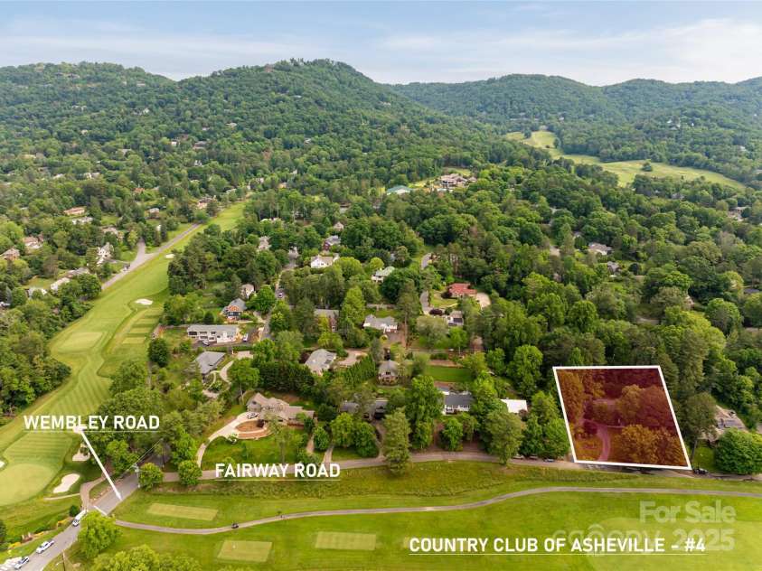 54 Fairway Road, Asheville, NC 28804.  MLS# CAR4238244, YatesRealty ID 5146. Approximate Lot lines shown in white. Shaded red box is the house lot. Great location!