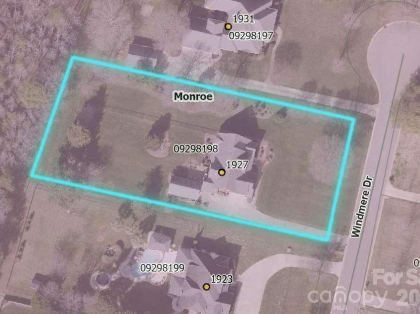 1927 Windmere Drive, Monroe, NC 28110.  MLS# CAR4418853, YatesRealty ID 51747. Aerial - .93 acres