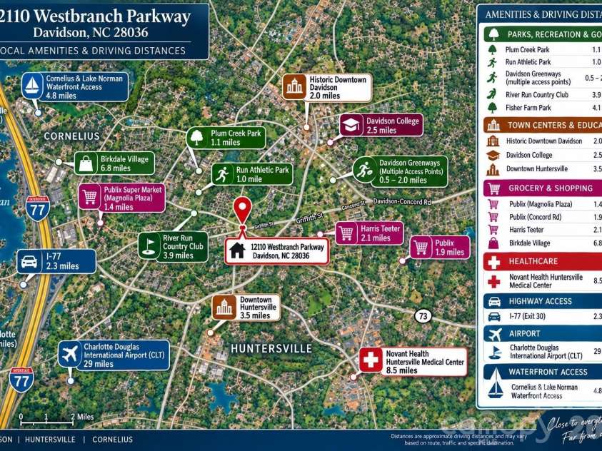 12110 Westbranch Parkway, Davidson, NC 28036.  MLS# CAR4423144, YatesRealty ID 52469. Amenities map