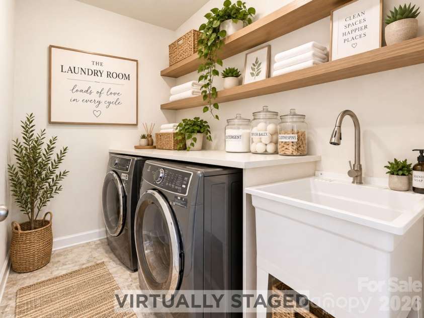 8315 Breton Way, Harrisburg, NC 28075.  MLS# CAR4426522, YatesRealty ID 52653. Virtually staged to showcase its potential, the spacious laundry room offers room for a folding counter, open storage shelves and beautifully organized essentials, while the utility sink makes everyday tasks feel easier a