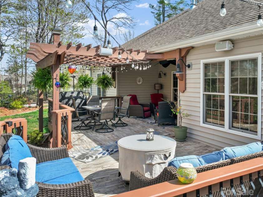 79 Pattys Chapel Road, Fletcher, NC 28732.  MLS# CAR4239671, YatesRealty ID 5295. Rear deck with pergola, Sonos music system and outdoor speakers
