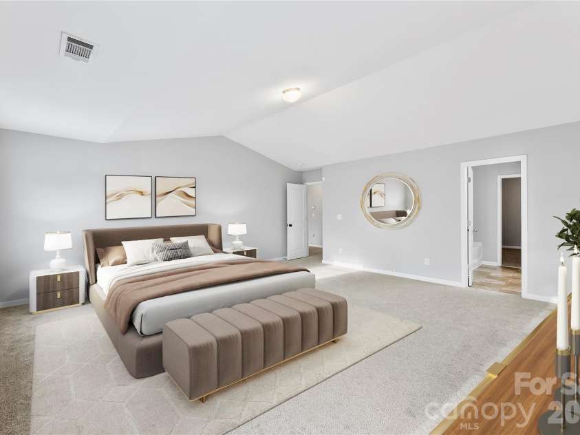 5305 Park Brook Drive, Charlotte, NC 28269.  MLS# CAR4336100, YatesRealty ID 5331. Staged Primary Bedroom w/vaulted Ceiling