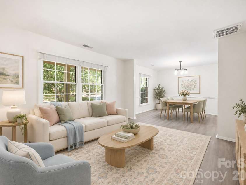 9112 Sardis Forest Drive, Charlotte, NC 28270.  MLS# CAR4429591, YatesRealty ID 54276. Living and Dining Room - Virtually Staged