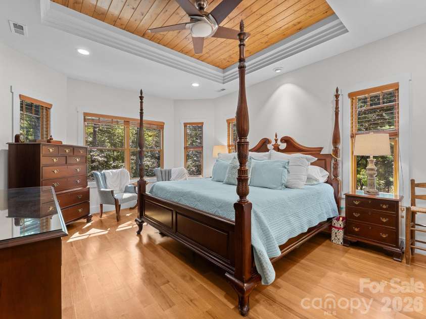 359 New Castle Road, Brevard, NC 28712.  MLS# CAR4427485, YatesRealty ID 54367. Primary bedroom with trey ceiling