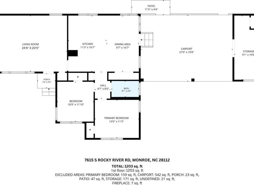7615 Rocky River Road, Union, NC 28112.  MLS# CAR4430607, YatesRealty ID 54670. Floor Plan