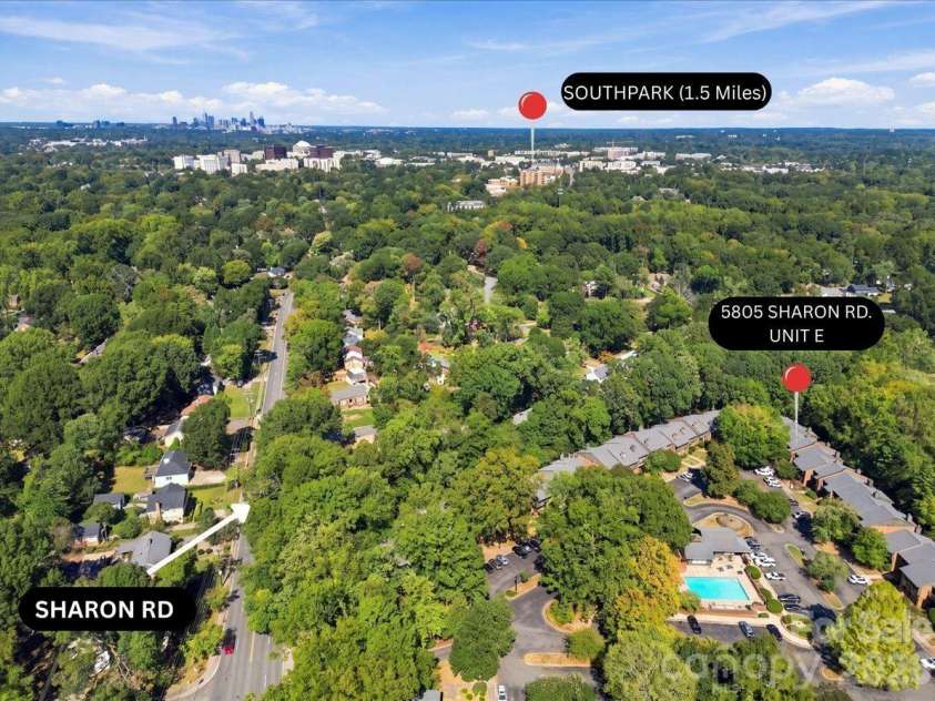 5805 Sharon Road, Charlotte, NC 28210.  MLS# CAR4432363, YatesRealty ID 55662. Beautiful Southpark areal view