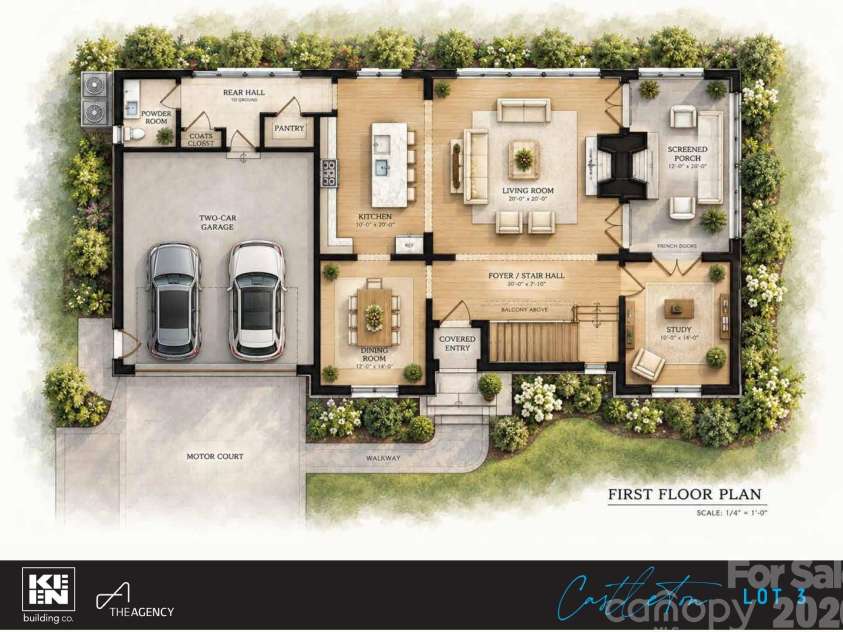 4420 Castleton Road, Charlotte, NC 28211.  MLS# CAR4433009, YatesRealty ID 55924. Rendered first floor plan - study, dining, kitchen, living, screened porch (per preliminary plans)