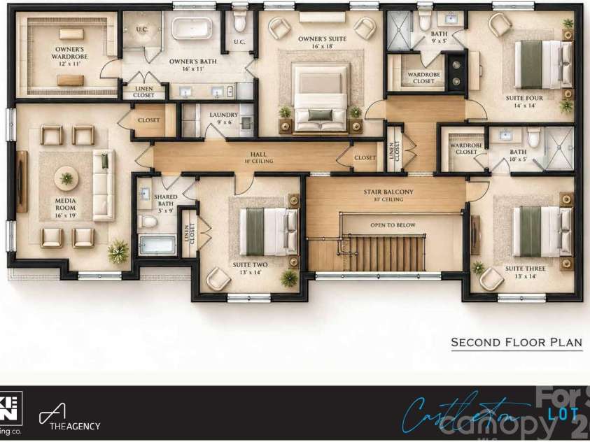 4420 Castleton Road, Charlotte, NC 28211.  MLS# CAR4433009, YatesRealty ID 55924. Rendered second floor plan - owner's suite, three more bedrooms, media room