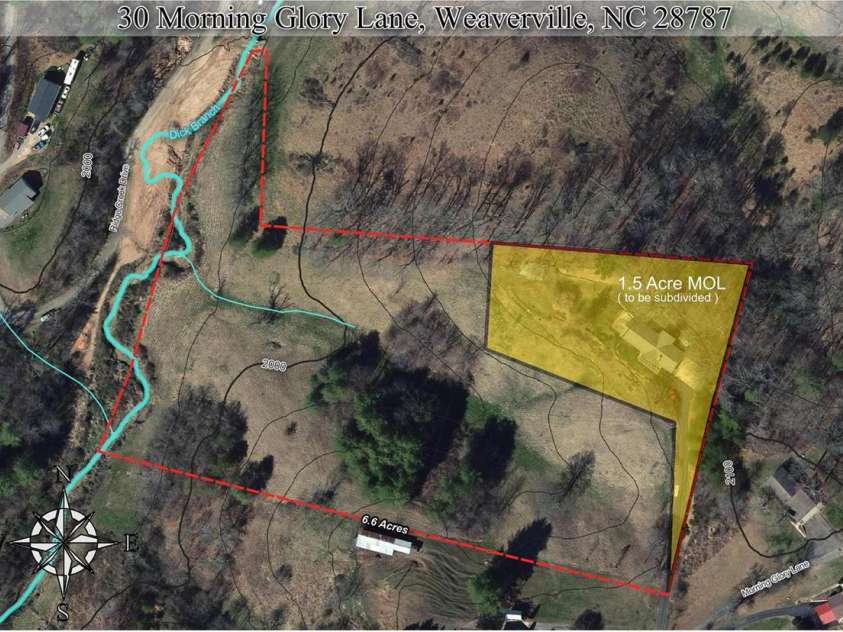 30 Morning Glory Lane, Weaverville, NC 28787.  MLS# CAR4277565, YatesRealty ID 5616. 1.5 acres MOL ( additional acreage in red )